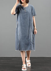 Handmade o neck pockets Wardrobes Fabrics denim blue Dresses - SooLinen