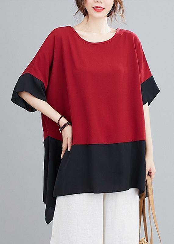 Handmade red tops o neck patchwork summer shirts - SooLinen