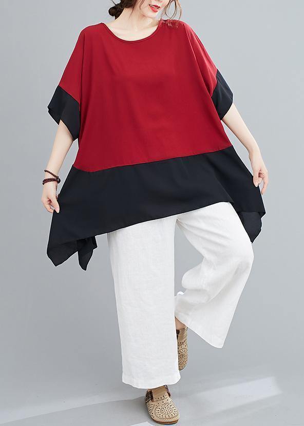 Handmade red tops o neck patchwork summer shirts - SooLinen