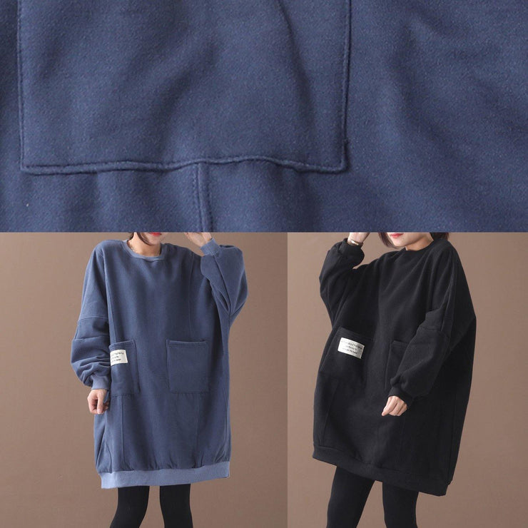 Handmade two pockets Cotton o neck clothes For Women Shape black Dresses - SooLinen