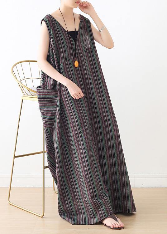 Handmade v neck cotton clothes linen striped Maxi Dresses summer - SooLinen