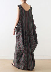 Handmade v neck cotton clothes linen striped Maxi Dresses summer - SooLinen