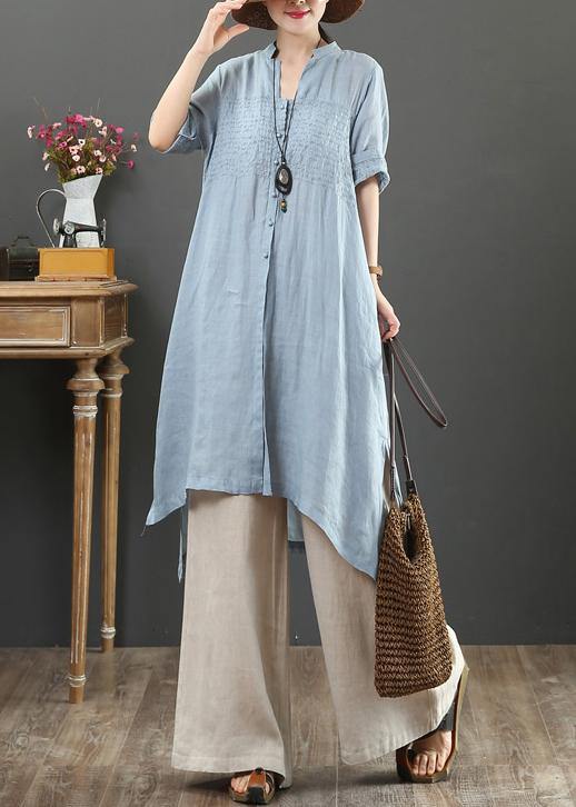 Handmade v neck linen summer shirts Gifts light blue tops - SooLinen