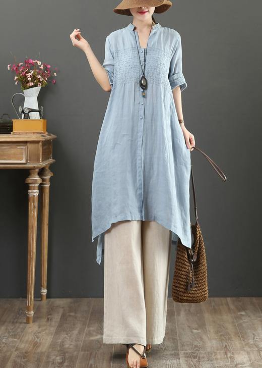 Handmade v neck linen summer shirts Gifts light blue tops - SooLinen