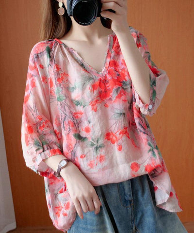 Handmade v neck summer Shirts Wardrobes red print blouses - SooLinen