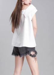 Handmade white cotton crane tops sleeveless box summer shirts - SooLinen