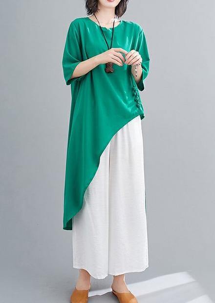 Irregular cotton linen green two-piece five-point sleeve V-neck T-shirt wide-leg pants - SooLinen