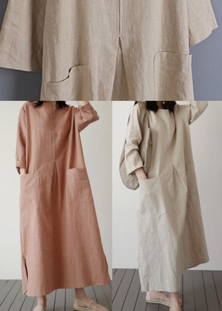 Italian Beige Cinched side open Linen Robe Dresses Spring