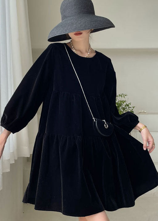 Italian Black Patchwork Velour Vacation Dress Spring