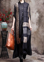 Italian Black Print Long Silk Dress Spring Cardigan - SooLinen