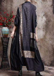 Italian Black Print Long Silk Dress Spring Cardigan - SooLinen