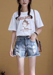 Italian Blue High Waist Hole Pockets Side Open Cotton Denim Shorts Summer