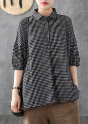 Italian Dark Grey Linen Plaid Summer Patchwork Half Sleeve - SooLinen