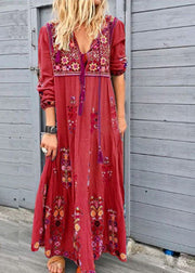 Italian Red V Neck Print Patchwork Drawstring Ankle Dress Long Sleeve