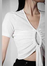 Italian White drawstring V Neck Tops Summer - SooLinen