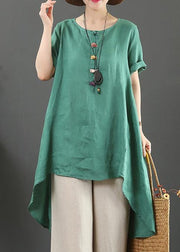 Italian green linen top o neck asymmetric baggy summer shirts - SooLinen