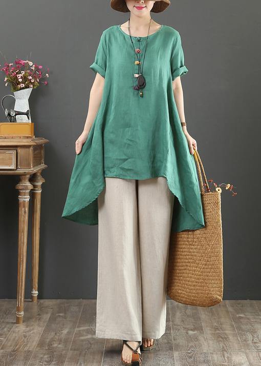 Italian green linen top o neck asymmetric baggy summer shirts - SooLinen