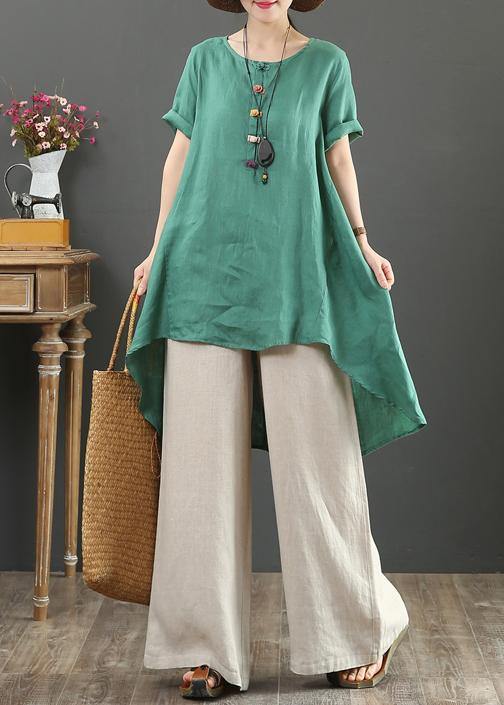 Italian green linen top o neck asymmetric baggy summer shirts - SooLinen