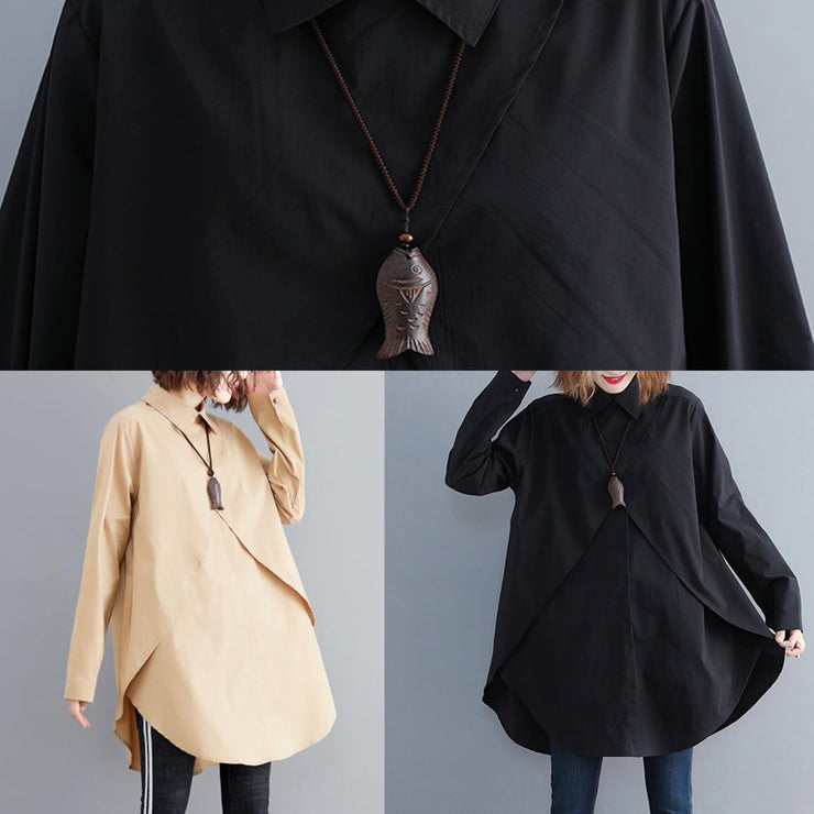 Italian lapel asymmetric cotton crane tops black Midi blouse