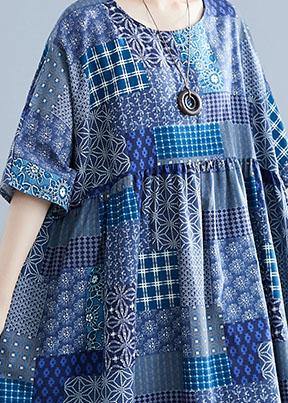 Italian navy plaid linen cotton clothes For Women o neck Cinched cotton Dress - SooLinen