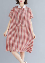 Italian red plaid Cotton Tunics Peter pan Collar Knee summer Dress - SooLinen