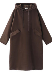 Italian winter cotton hooded tunics for women linen chocolate long Dress - SooLinen