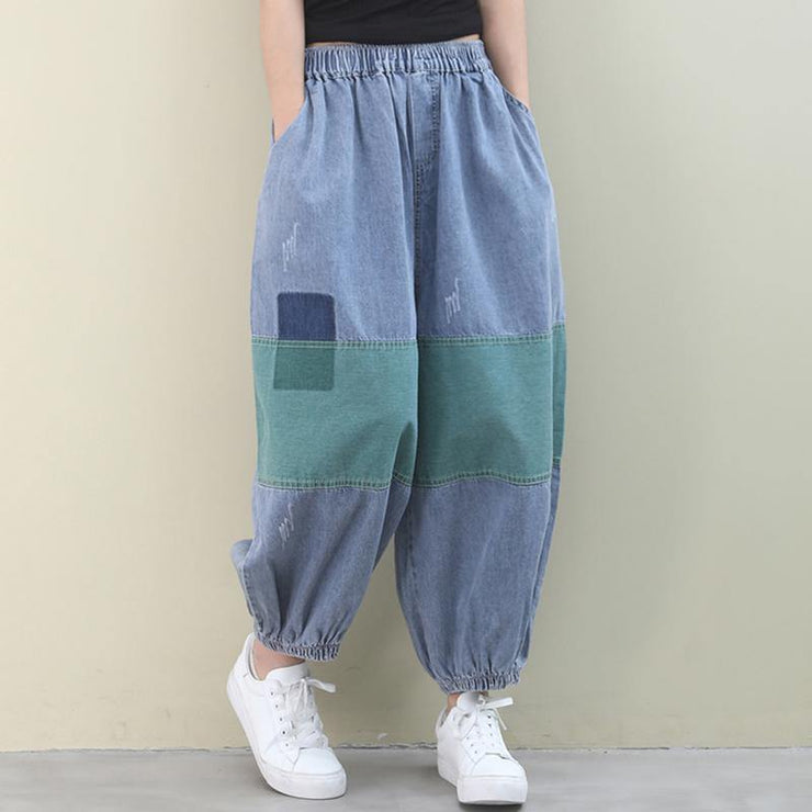 Italian women pants denim blue pattern elastic waist patchwork green trousers - SooLinen