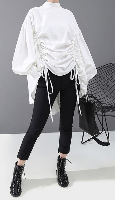 Lantern Sleeve Woman Casual Style Black White Hipster Blouse Shirt - SooLinen