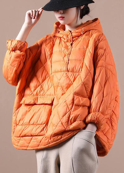 Literary Orange Half-open Pocket Hooded Pullover Short Overcoat - SooLinen