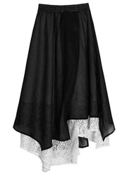 Loose Black Elastic Waist Patchwork Lace Asymmetrical Design Summer Skirt - SooLinen