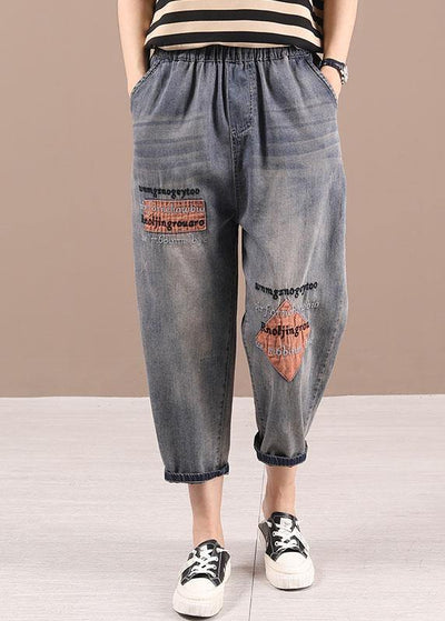 Loose Blue Grey Patchwork Embroideried Pants denim - SooLinen