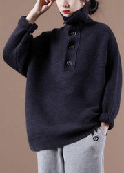 Loose Navy High Neck Button Fall Knit Sweater - SooLinen