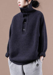 Loose Navy High Neck Button Fall Knit Sweater - SooLinen