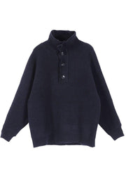 Loose Navy High Neck Button Fall Knit Sweater - SooLinen