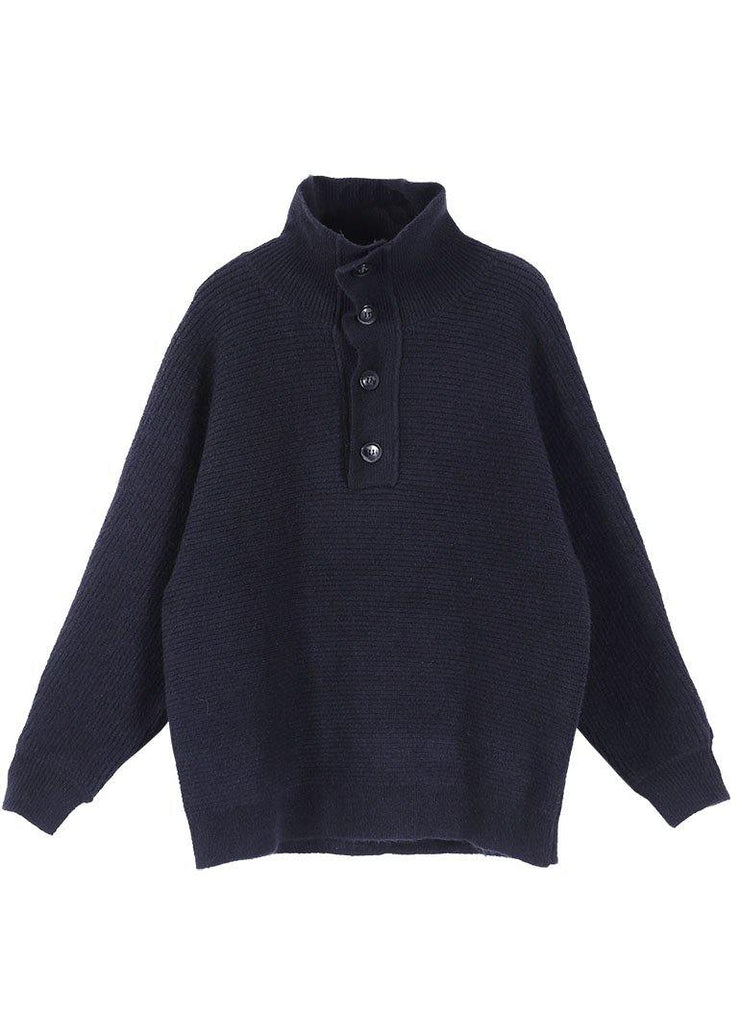 Loose Navy High Neck Button Fall Knit Sweater - SooLinen