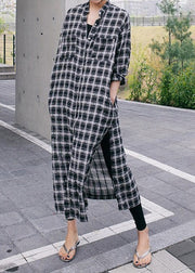 Loose Peter Pan Collar Asymmetrical Plaid Button Side Open Dress Long Sleeve