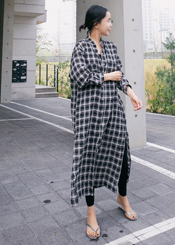 Loose Peter Pan Collar Asymmetrical Plaid Button Side Open Dress Long Sleeve