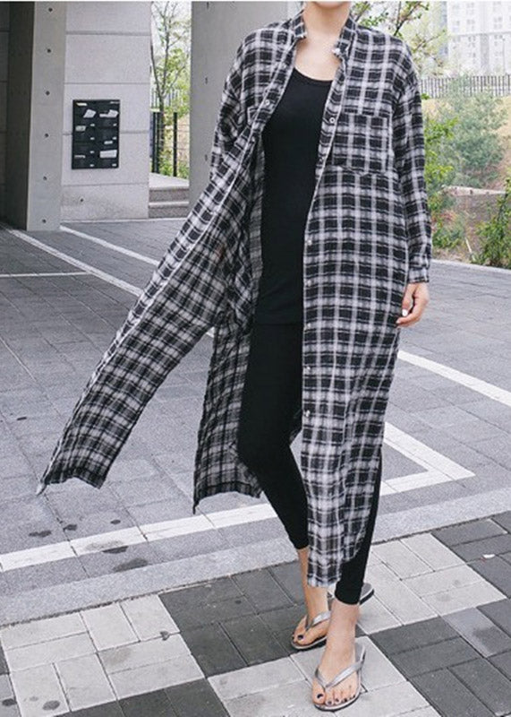 Loose Peter Pan Collar Asymmetrical Plaid Button Side Open Dress Long Sleeve