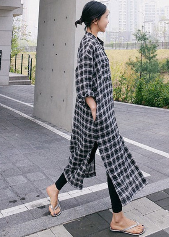 Loose Peter Pan Collar Asymmetrical Plaid Button Side Open Dress Long Sleeve