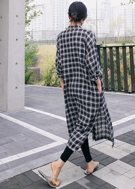 Loose Peter Pan Collar Asymmetrical Plaid Button Side Open Dress Long Sleeve