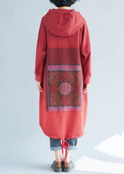 Loose Red Hooded Print Asymmetrical Design Fall Pullover Dress - SooLinen