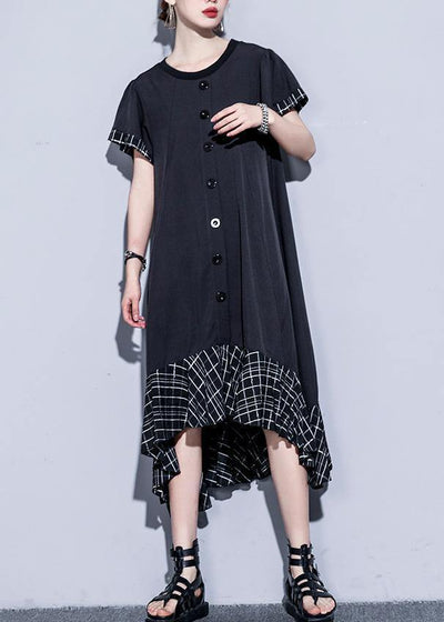 Loose black cotton quilting clothes patchwork plaid hem  summer Dress - SooLinen