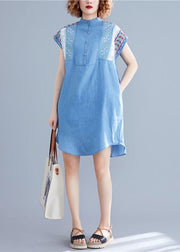 Loose denim blue Cotton dresses stand collar embroidery tunic summer Dresses - SooLinen