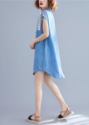 Loose denim blue Cotton dresses stand collar embroidery tunic summer Dresses - SooLinen