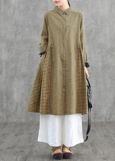 Loose lapel patchwork cotton Wardrobes Tunic Tops yellow plaid Dress - SooLinen