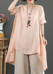 Loose o neck asymmetric linen summer linen tops women pattern pink shirts - SooLinen