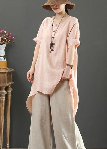 Loose o neck asymmetric linen summer linen tops women pattern pink shirts - SooLinen