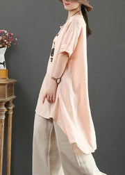 Loose o neck asymmetric linen summer linen tops women pattern pink shirts - SooLinen