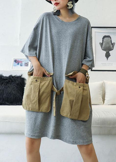 Loose patchwork big pockets Cotton clothes Women Inspiration gray Dresses summer - SooLinen