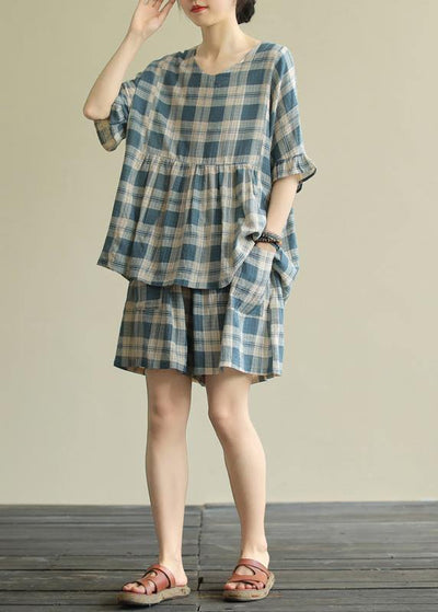 Loose round neck stitching top elasticated shorts blue plaid two-piece suit - SooLinen